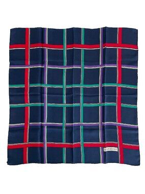 Yves Saint Laurent Vintage Silk Scarf Navy Plaid Tartan 22" Square Rolled Hem